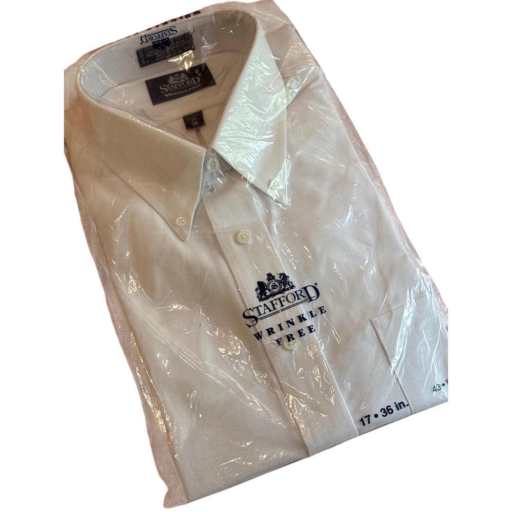 NEW Stafford Mens White Longsleeve Dress Shirt Wrinkle Free 17 36